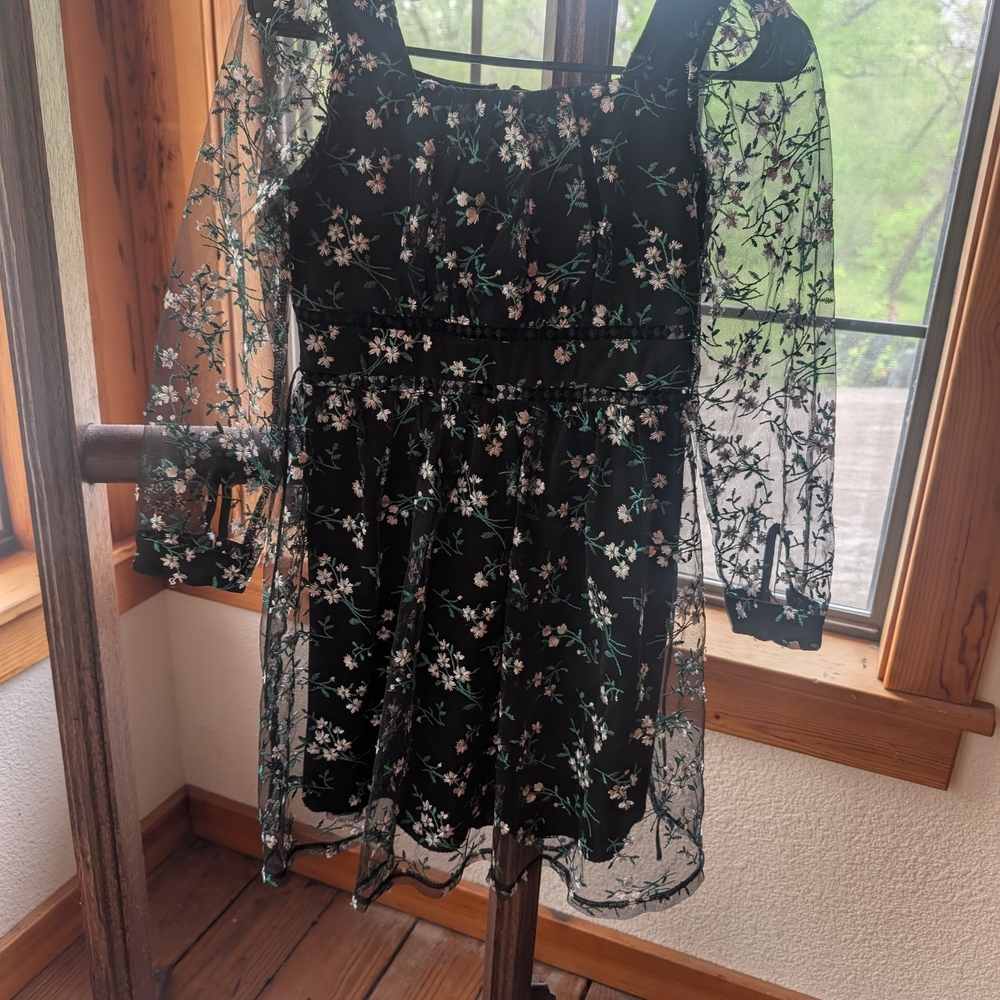 Speechless Black Mesh Dress with White and Green Embroidery